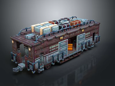Vintage Mechanical Carriage with Metal Structure Crates and Lights 3d model