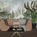 Leather Lazy Sofa With Ruched Design In Room With Tropical Plant Mural And Green Plants