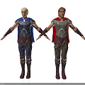 Men In Armor With Blue And Red Capes Standing With Arms Outstretched