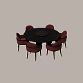 Modern Round Dining Table Set With Black Tabletop And Red Velvet Chairs