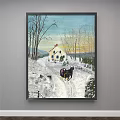 Winter Landscape Painting with Snowy Path Horse Sleigh White House and Sunset Sky Bare Trees