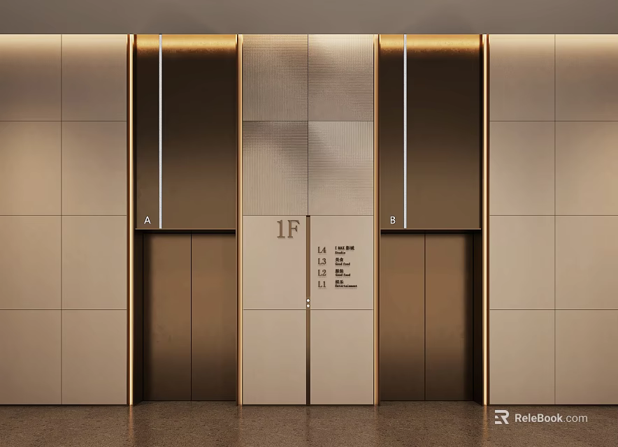 Modern Elevator Hall Interior Design With 1F Level Metal Panel And Door Elements 3d model 