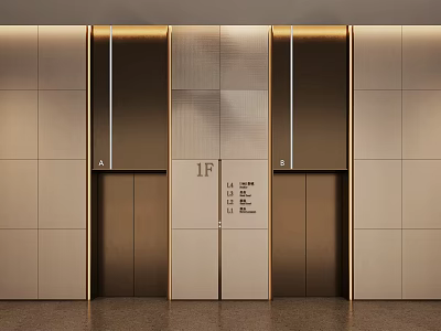 Modern Elevator Hall Interior Design With 1F Level Metal Panel And Door Elements 3d model