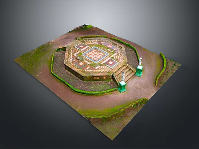 Scenic Landscape Featuring Octagonal Stone Platform With Colorful Patterns Green Vegetation And Statues 3d model
