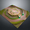Scenic Landscape Featuring Octagonal Stone Platform With Colorful Patterns Green Vegetation And Statues