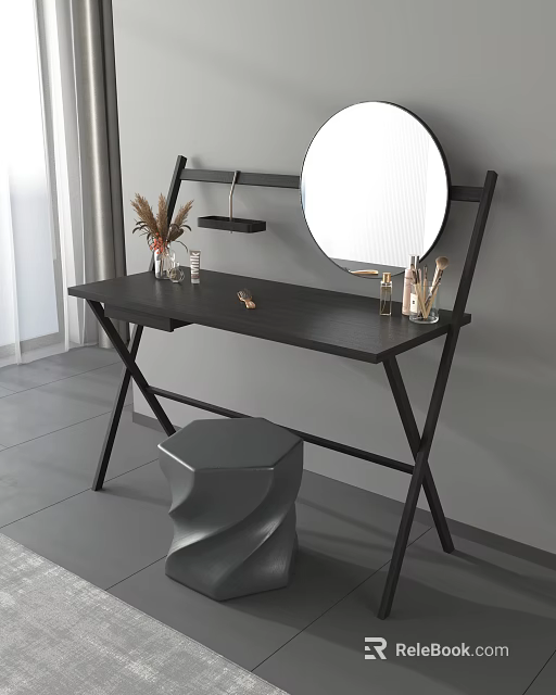 Modern Black Dressing Table With Round Mirror Stool And Makeup Accessories 3d model 