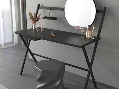 Modern Black Dressing Table With Round Mirror Stool And Makeup Accessories 3d model