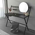Modern Black Dressing Table With Round Mirror Stool And Makeup Accessories 3d model