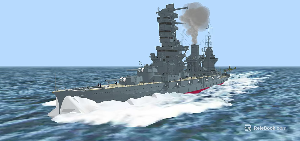 Large Battleship Sailing on Open Sea with Grey Hull Red Bottom Smoke and Waves 3d model 