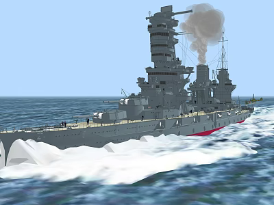 Large Battleship Sailing on Open Sea with Grey Hull Red Bottom Smoke and Waves 3d model