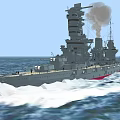 Large Battleship Sailing on Open Sea with Grey Hull Red Bottom Smoke and Waves