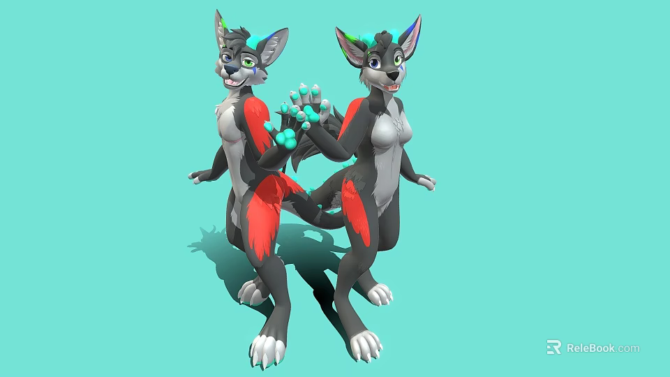 Cartoon Anthropomorphic Game Film Character with Gray Body Red Tail Green Ears and White Paws 3d model 