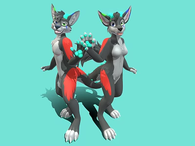 Cartoon Anthropomorphic Game Film Character with Gray Body Red Tail Green Ears and White Paws 3d model