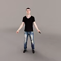 Man in Black V neck T shirt Blue Jeans Standing Against Grey Background holding device