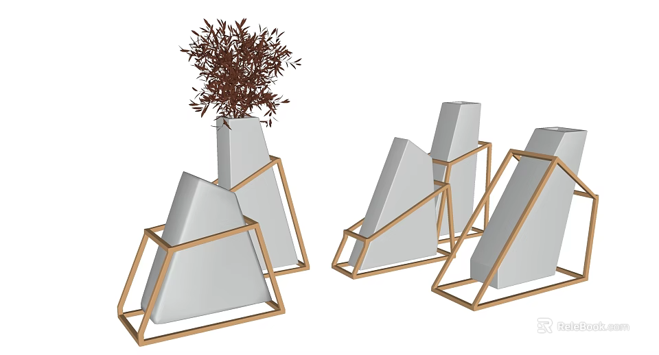 Geometric Decorative Ornament Set With Golden Frame White Stone And Plant Decoration 3d model 