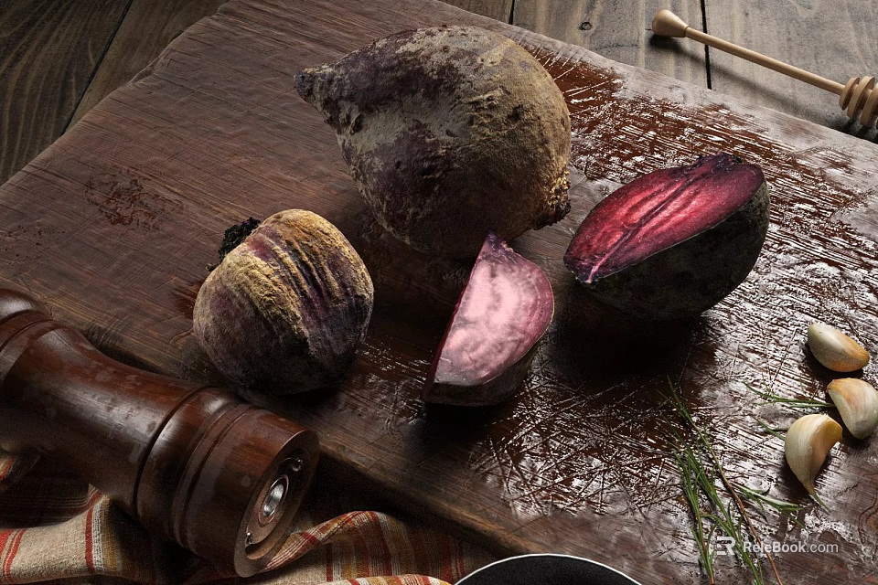 Fresh Organic Beets on Wooden Cutting Board with Sliced Pieces Garlic and Herbs 3d model 