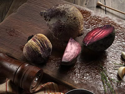 Fresh Organic Beets on Wooden Cutting Board with Sliced Pieces Garlic and Herbs 3d model