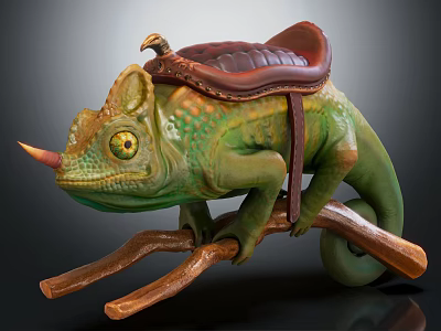 Detailed Horned Green Chameleon With Saddle Perched On A Wooden Branch 3d model Detailed Horned Green Chameleon With Saddle Perched On A Wooden Branch 3d model