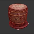 Traditional Decorative Drum with White Drumhead Golden Edges Intricate Patterns on Red Cushioned Base