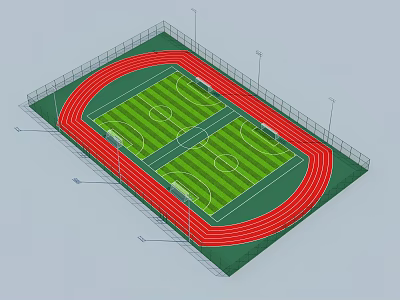 School Sports Field With Red Running Track Green Football Pitch Fence And Lighting Poles 3d model