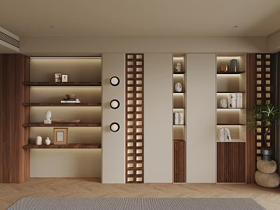 Modern Wooden And White Built In Bookcase With Decorative Items Books And Lighting 3d model
