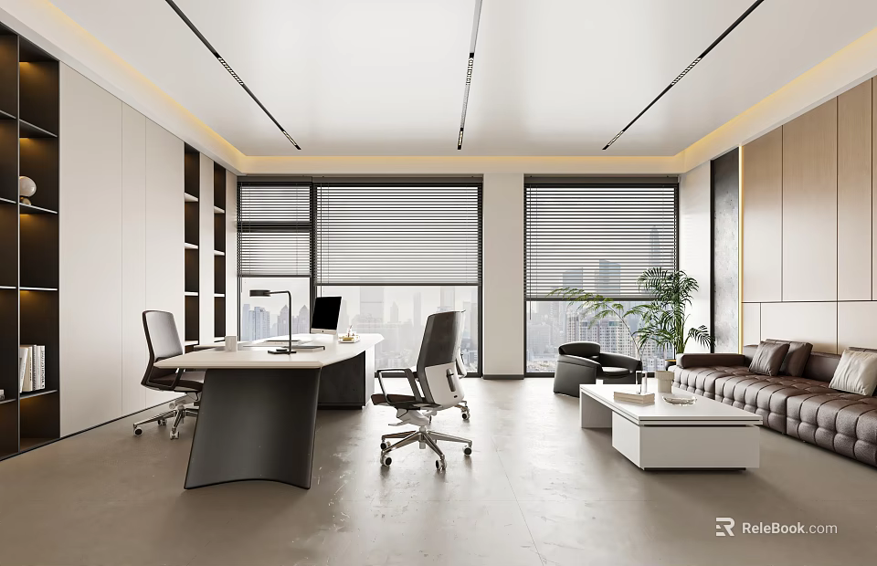 Modern Open Office Interior With Desk Chairs Sofa Plants And Large Windows 3d model