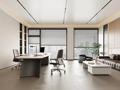 Modern Open Office Interior With Desk Chairs Sofa Plants And Large Windows 3d model