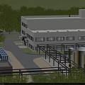 Industrial Factory Building With White Exterior Multi Storey Windows Green Trees Storage Tanks Pipeline Structures