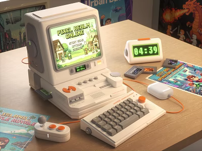 Vintage Retro Computer With Gaming Screen Keyboard Mouse Joystick And Cartridges 3d model