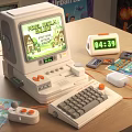 Vintage Retro Computer With Gaming Screen Keyboard Mouse Joystick And Cartridges