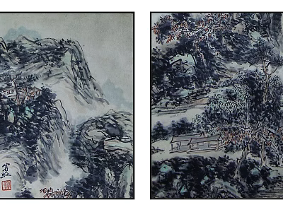 Traditional Chinese Ink Wash Landscape Painting With Mountains Trees And Houses 3d model
