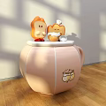 Cute Photo Spot With Pink Cup Cartoon Patterns And Bread Shaped Dolls On Wooden Floor