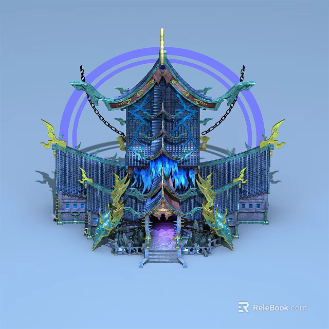 Cartoon Scenic Chinese Style Architecture With Dragon Decorations Curved Eaves Purple Auras And Blue Lighting 3d model 