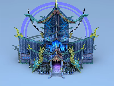 Cartoon Scenic Chinese Style Architecture With Dragon Decorations Curved Eaves Purple Auras And Blue Lighting 3d model