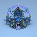 Cartoon Scenic Chinese Style Architecture With Dragon Decorations Curved Eaves Purple Auras And Blue Lighting