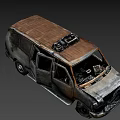 Old Burned Rusty Van With Damaged Front And Worn Tires 3d model