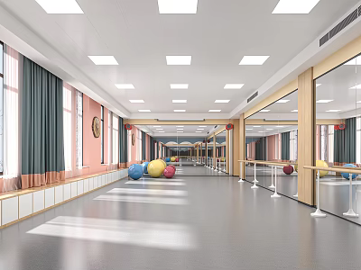 Bright Dance Studio Interior With Mirrors Ballet Barres And Exercise Balls 3d model