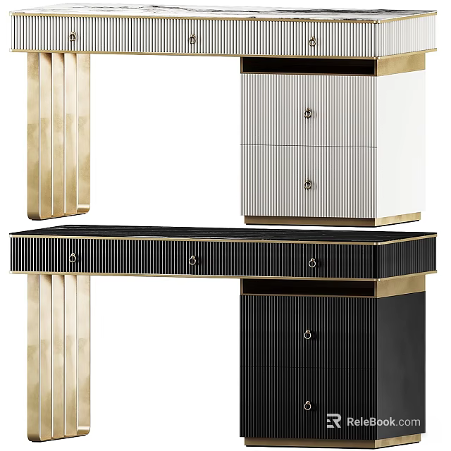 Modern Elegant Console Table And Side Cabinet With Gold Metal And Black White Striped Drawers 3d model 