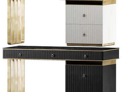 Modern Elegant Console Table And Side Cabinet With Gold Metal And Black White Striped Drawers 3d model