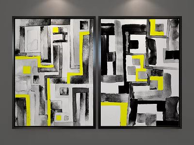 Modern Abstract Paintings With Black White Gray Yellow Geometric Shapes Two Panel Art 3d model