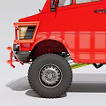 Red Mercedes Van With Off Road Tires And Yellow Bumper