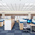 Public Office Space With Cubicles Computers Blue Carpet Wooden Walls Square Ceiling Lights And Office Chairs