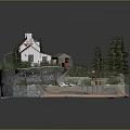 Miniature Cottage Scene With Pine Trees Winding Path Flowing Stream On Circular Stone Base
