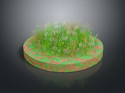 Green Grass White Dandelions on Round Green Pink Patterned Platform with Small Flowers 3d model