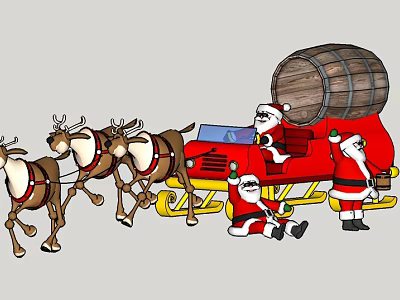 Red Sleigh Pulled by Reindeer with Santa Claus and Wooden Barrel 3d model