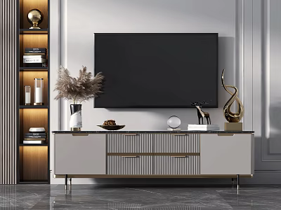 Modern Minimalist TV Stand With White Drawers Marble Top Decorative Vase And Sculpture 3d model