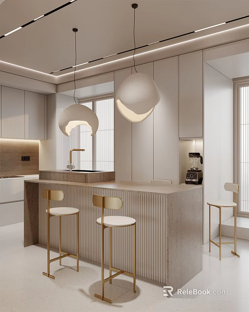 Modern Minimalist Kitchen Interior With Island Counter Pendant Lights White Cabinets And Gold Stools 3d model 