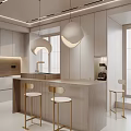Modern Minimalist Kitchen Interior With Island Counter Pendant Lights White Cabinets And Gold Stools