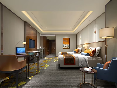 Modern Hotel Guest Room Interior With Comfortable Bed Desk Chair Decorative Painting And Lighting 3d model