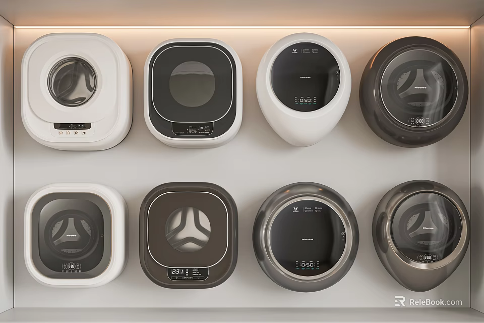 Modern Washing Machines With Various Designs And Colors Displayed On Shelf 3d model 